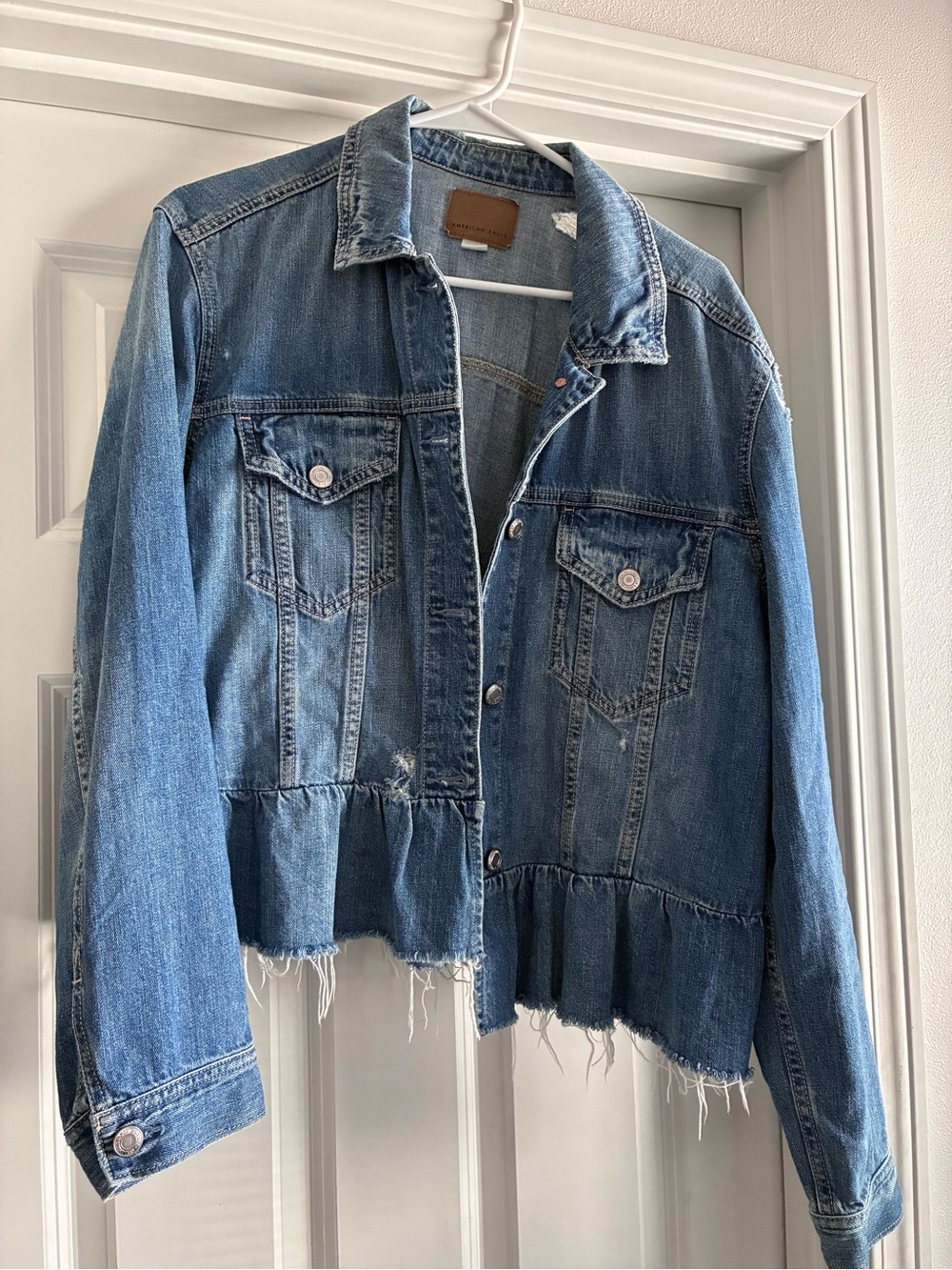 American Eagle XL Distressed Denim Peplum Jacket Raw Hem Ruffle Jean Jacket